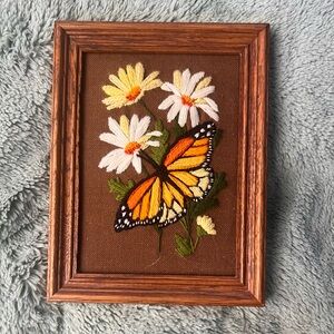 Embroidered Monarch Butterfly Floral Wall Art - Orange, White
